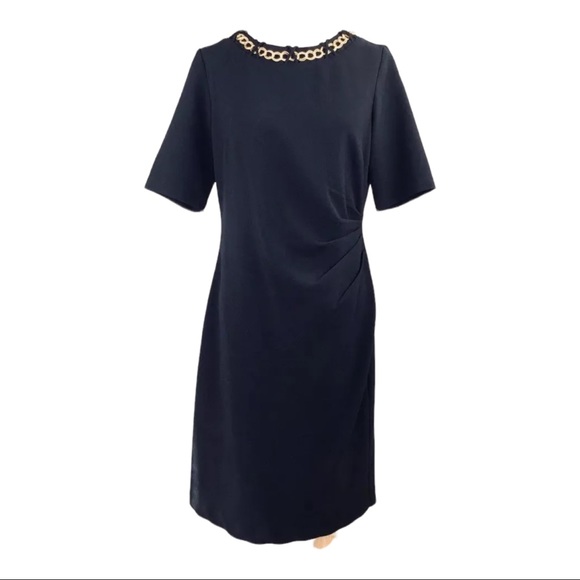 CHETTA B Sheath Dress Ruched Waist Gold Chain Neckline Accent Vintage 90s Sz 10 - Picture 6 of 9